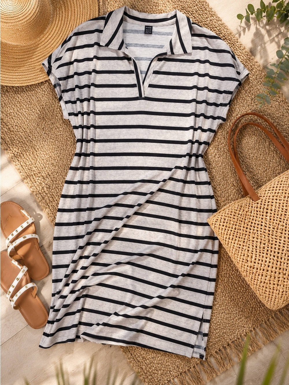 SHEIN Striped Polo Midi Dress | Gray & Black | XL | Casual T Shirt Dress
